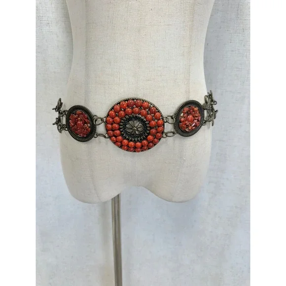 Medallion Chain Concho Belt Womens OS Red Faux Coral Antique Brass Boho Style - Picture 10 of 14